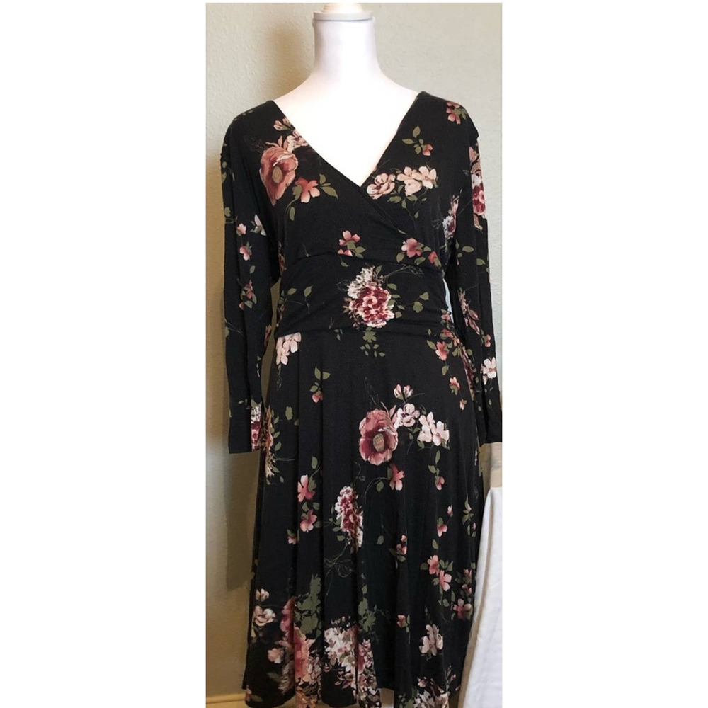 Long Sleeve Black and Pink Floral Midi Dress